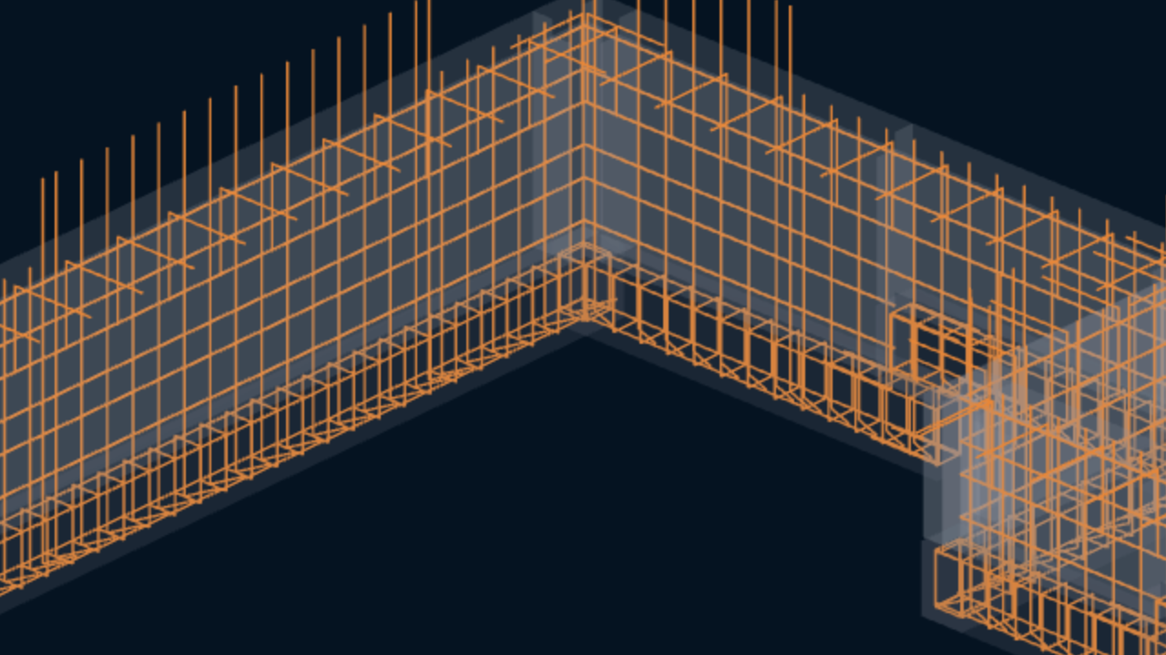 Live 3D X-ray of the demo house's foundation from the app: the rebar cages, starter bars and footing stirrups drawn in orange against the ICF walls