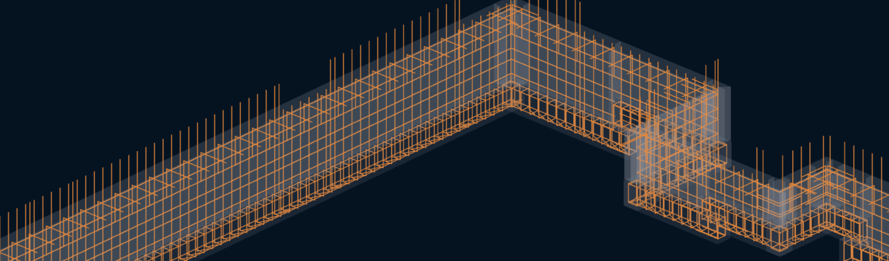 Live 3D X-ray of the demo house's foundation from the app: the rebar cages, starter bars and footing stirrups drawn in orange against the ICF walls