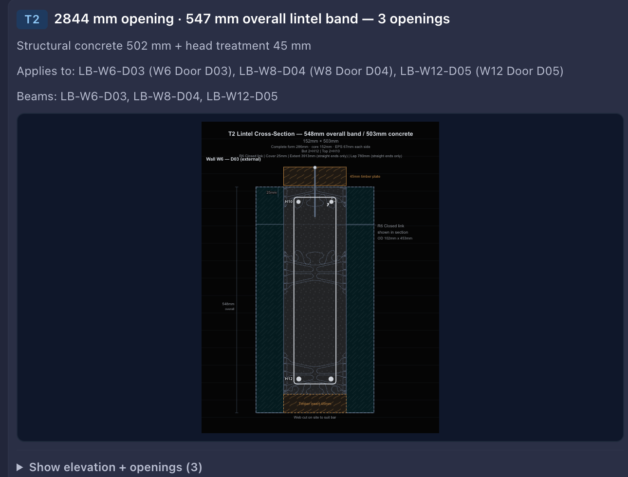 Lintel cross-section from the app: concrete band, bars, closed link and timber insert, with sizes