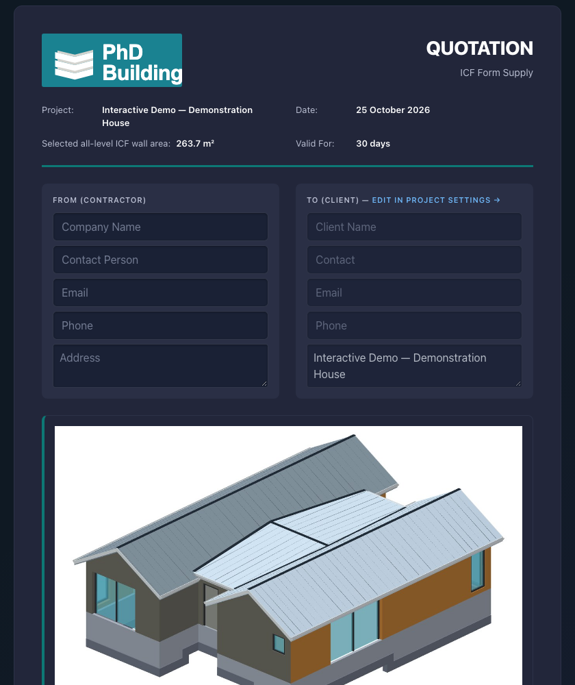 Client quotation in the app, headed with the project, the ICF wall area and a 3D view of the job