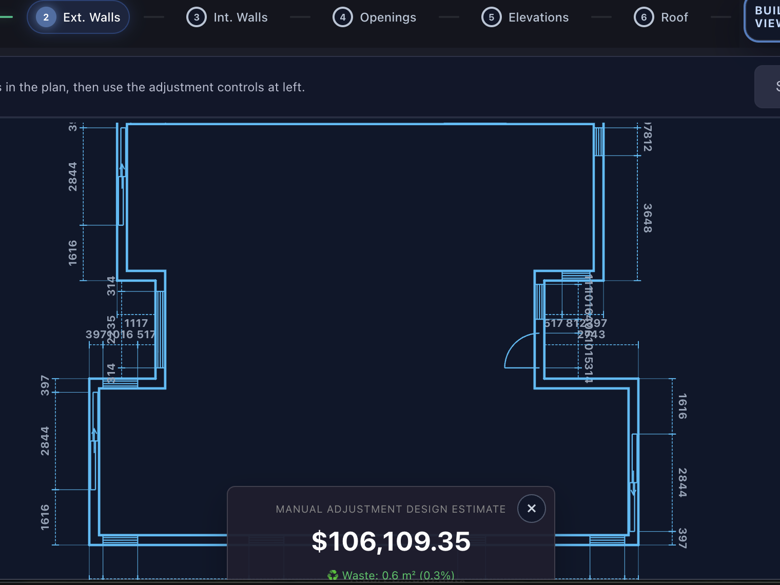 Flagship demonstration house floor plan with wall dimensions and live cost estimate