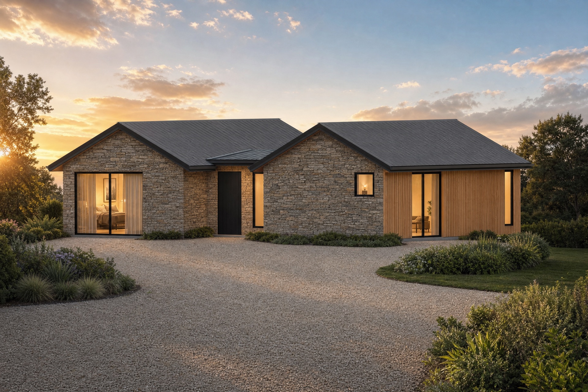 Photorealistic exterior render of an ICF home with stone and cedar cladding, generated from the concept floor plan
